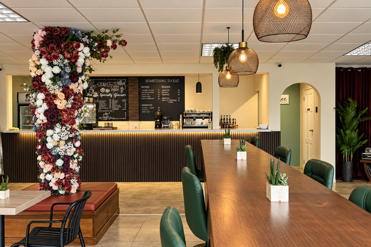 Rendered preview of the Munroe Road café interior, with its floral column, green chairs and communal wooden table